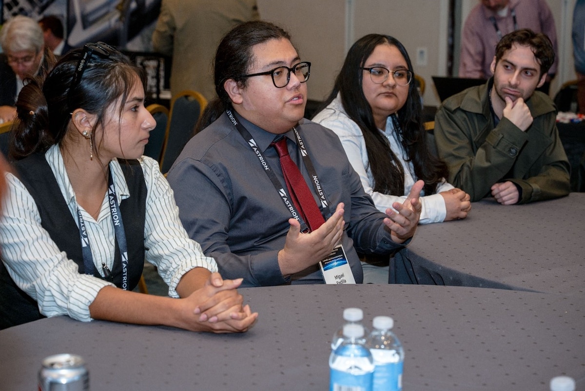 LOS ANGELES, Calif. – From left to right, Camilah Anguiano, Miguel Padilla, Priscila Cruz-Garcia and Amias Ainsworth from the Cyber Halo Innovation Research Program (CHIRP) participate in a roundtable discussion with U.S. Space Force Guardians, Jan. 23, 2026. As aspiring cyber security professionals, these college seniors sought career advice and knowledge about the field of cyber security within the space domain. (U.S. Space Force photo by Jason Slawson)