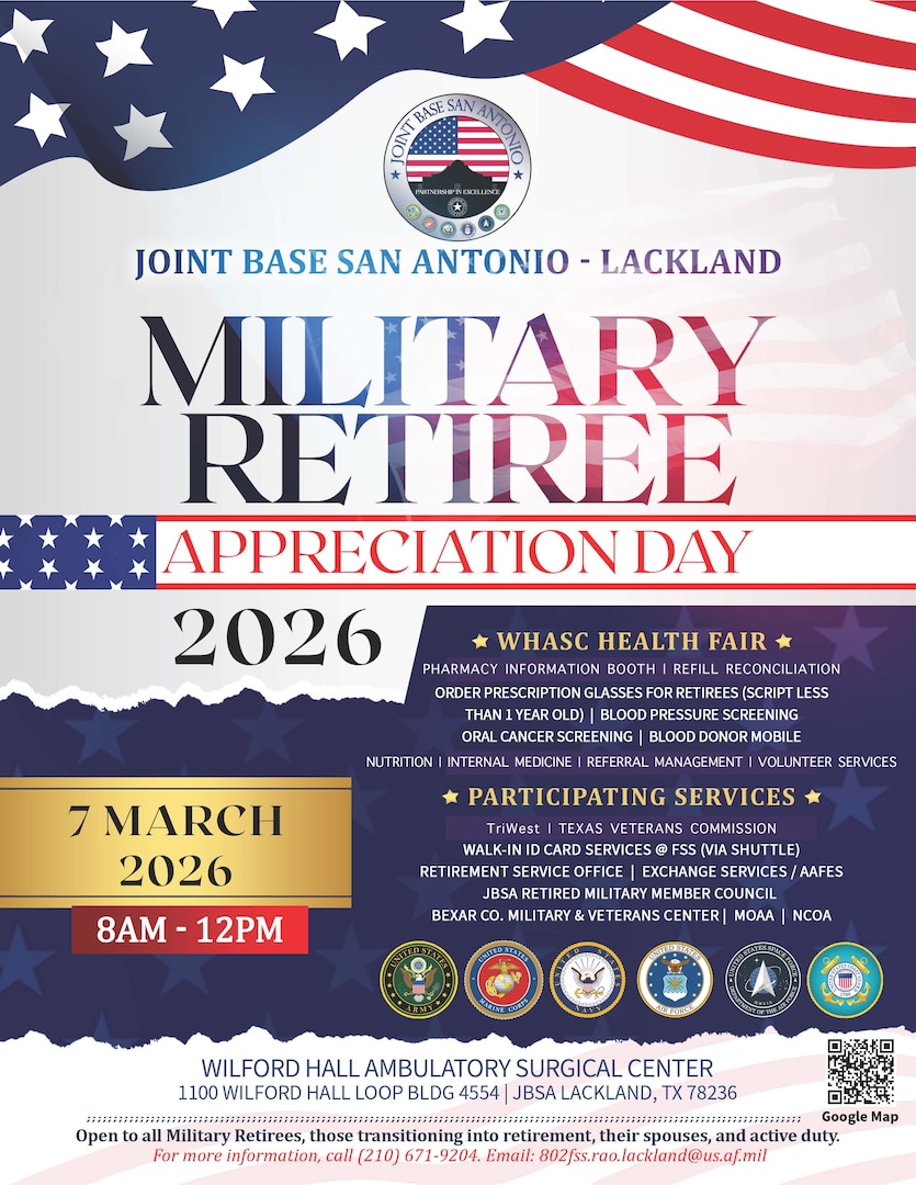 Joint Base San Antonio Retiree Appreciation Day 2026 flier.