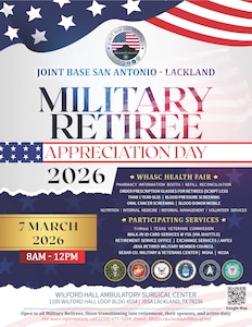 Joint Base San Antonio Retiree Appreciation Day 2026 flier.
