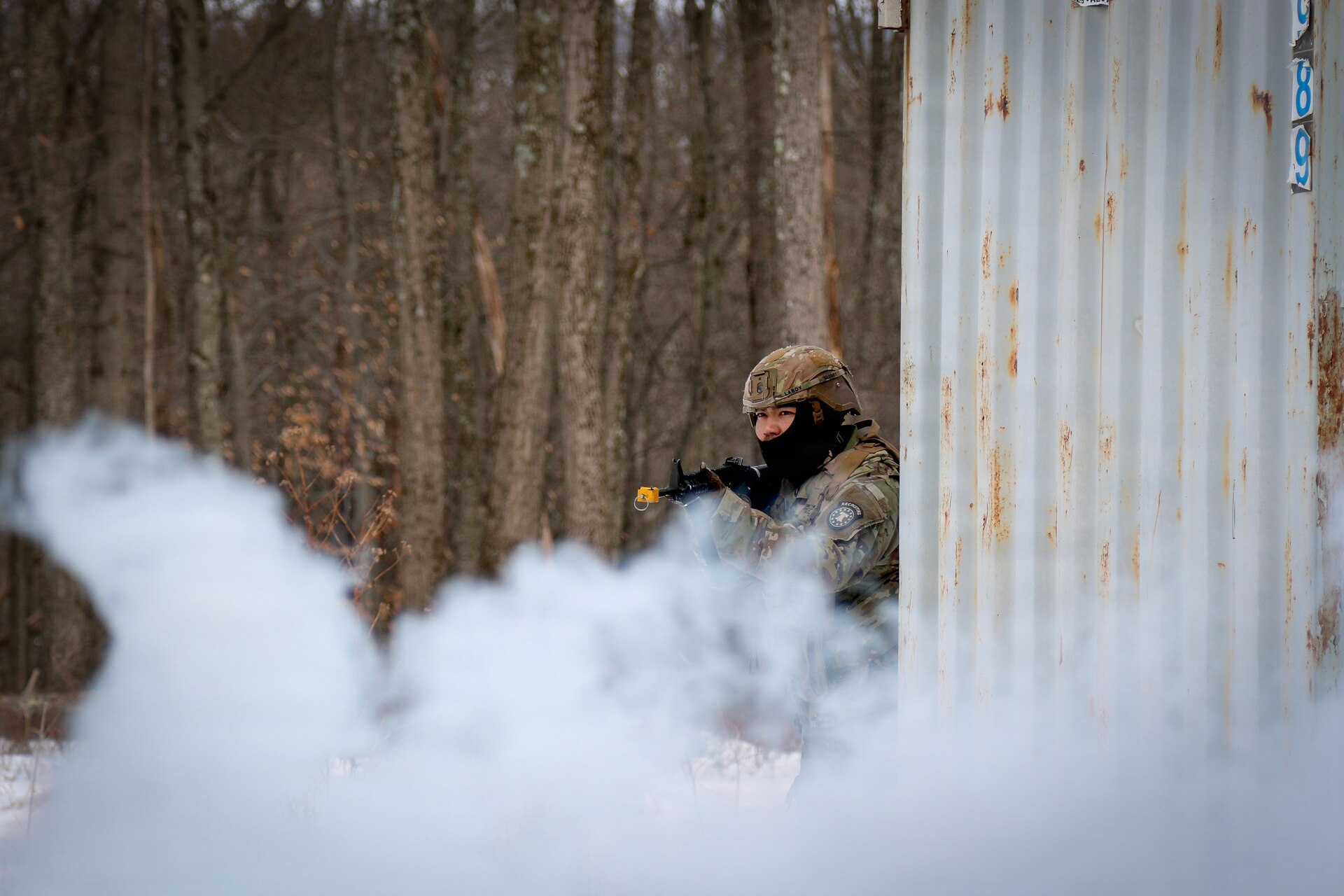 U.S. Army Soldiers attending the Infantry Advanced Leader Course conduct a field training exercise at the 166th Regiment – Regional Training Institute, Fort Indiantown Gap, Pennsylvania, Feb. 2-3, 2025. The exercise tests leadership, planning and small-unit tactics in a simulated operational environment. (U.S. Army photo by Sgt. 1st Class Shane Smith)