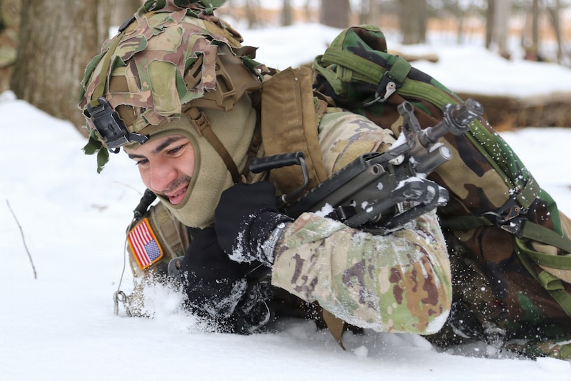 U.S. Army Soldiers attending the Infantry Advanced Leader Course conduct a field training exercise at the 166th Regiment – Regional Training Institute, Fort Indiantown Gap, Pennsylvania, Feb. 2-3, 2025. The exercise tests leadership, planning and small-unit tactics in a simulated operational environment. (U.S. Army photo by Sgt. 1st Class Shane Smith)