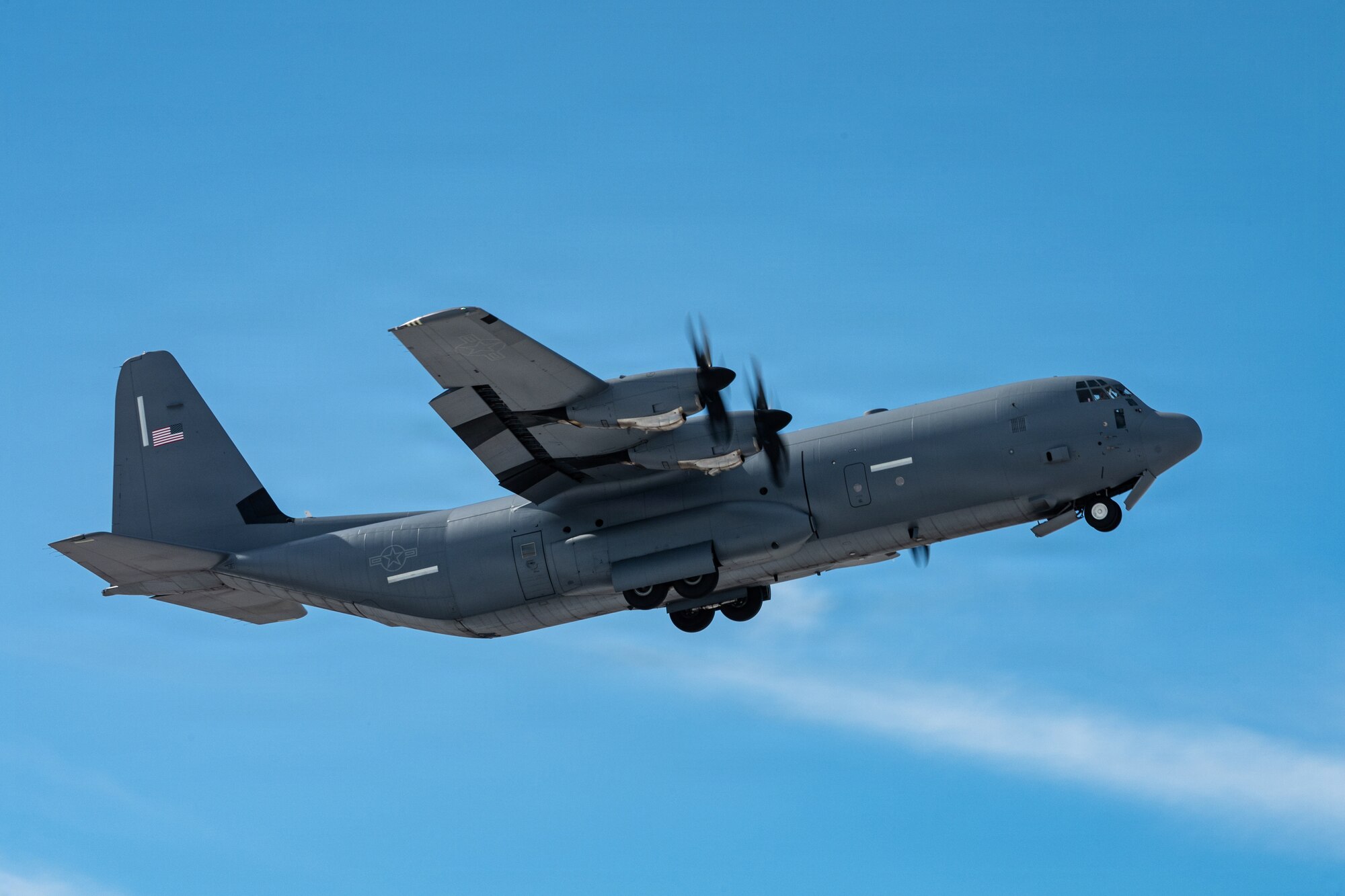 A U.S. Air Force C-130J Super Hercules assigned to the 317th Airlift Wing departs Dyess Air Force Base, Texas, Jan. 28, 2026.  Following Winter Storm Fern, the 7th Civil Engineer Squadron reorganized operations to prepare infrastructure and accelerate timelines to reopen the airfield for safe flight operations. (U.S. Air Force photo by Senior Airman Jade M. Caldwell)