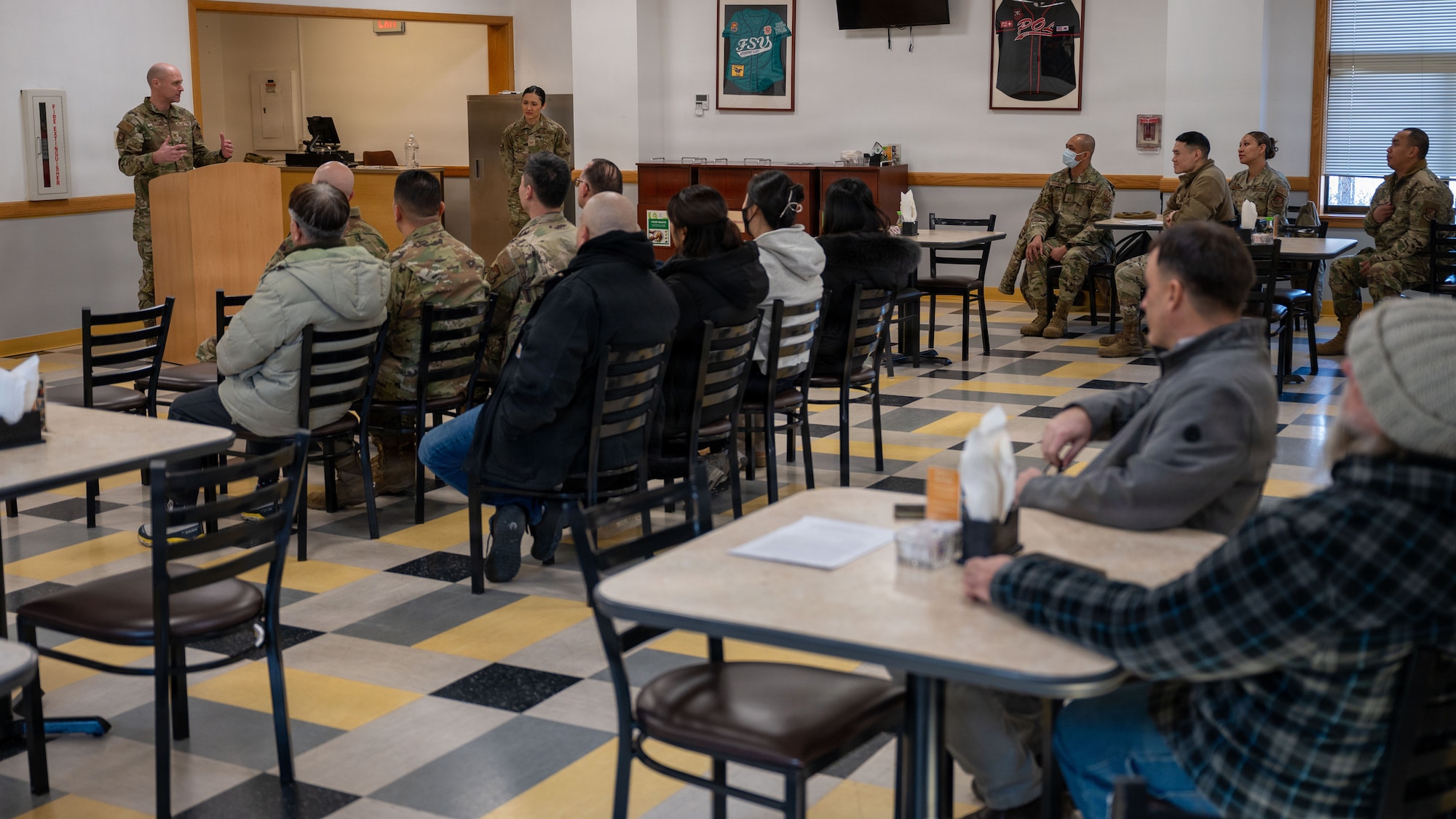 U.S. Air Force Col. Jeff Elliot, 51st Mission Support Group commander, gives opening remarks at the Pacific House Dining Facility closing ceremony at Osan Air Base, Republic of Korea, Jan. 30, 2026. The final meal honored the legacy of the dining facility while highlighting Osan’s continued commitment to caring for its Airmen. (U.S. Air Force photo by Senior Airman Rome Bowermaster)