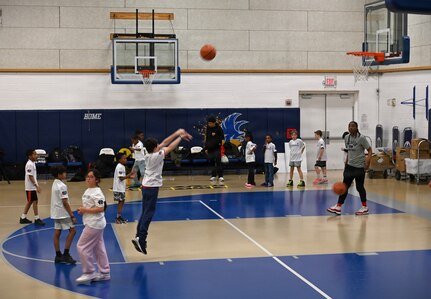 Military dependents participate in basketball shooting drills during a Hoops for Troops event at Joint Base Anacostia-Bolling, Washington, D.C., Jan. 23, 2026. The Washington Wizards hosted Hoops for Troops which is an NBA program that is dedicated to honoring service members, veterans and their families by supporting military communities. (U.S. Air Force photo by Tech. Sgt. Sergio A. Gamboa)