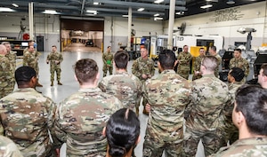 Chief Master Sergeant Andrew J. McKendree, Sixteenth Air Force (Air Forces Cyber) command chief, speaks to the 55th Maintenance Squadron’s Aerospace Ground Equipment team during his visit to Offutt Air Force Base, Jan. 13, 2026. (U.S. Air Force photo by Chad Watkins)