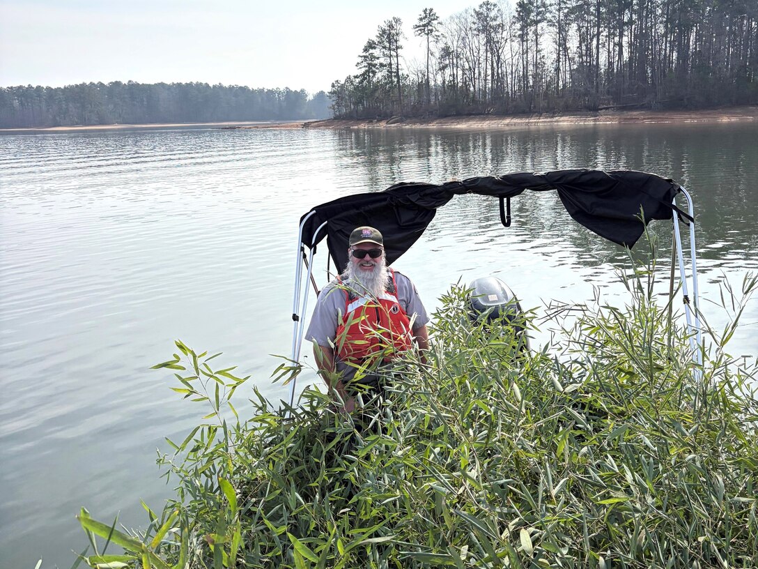 David Quebedeaux, a park ranger for the J. Strom Thurmond Dam and Lake Project, U.S. Army Corps of Engineers, Savannah District, refreshes fish attractor sites at J. Strom Thurmond Lake