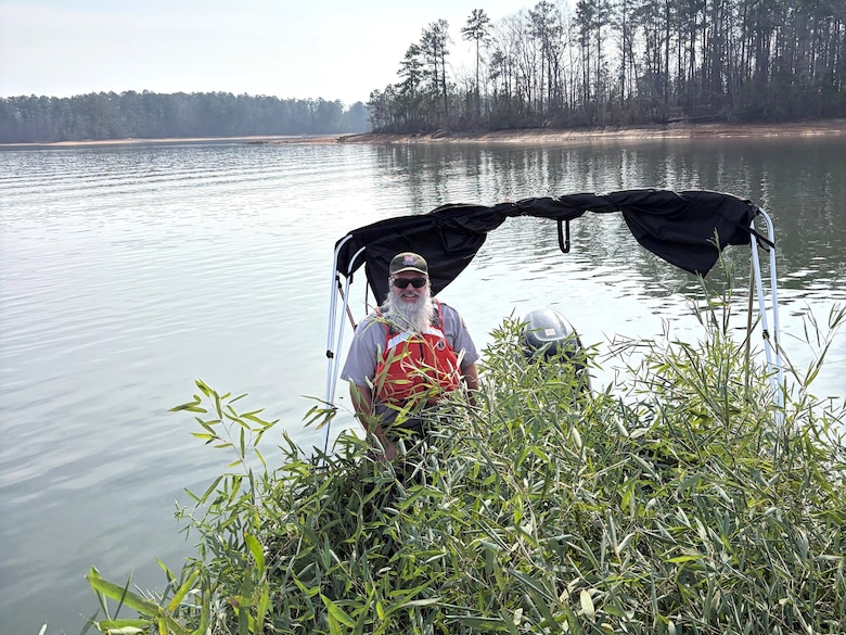 David Quebedeaux, a park ranger for the J. Strom Thurmond Dam and Lake Project, U.S. Army Corps of Engineers, Savannah District, refreshes fish attractor sites at J. Strom Thurmond Lake