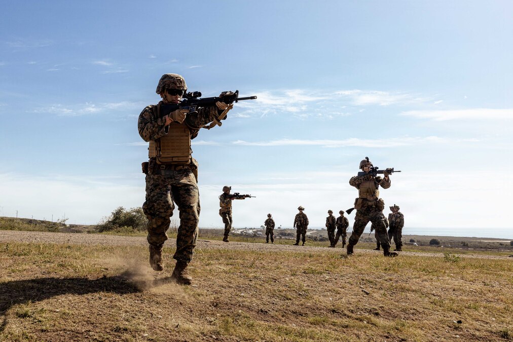 Marines aim weapons while walking through a field under a blue, sunny sky.