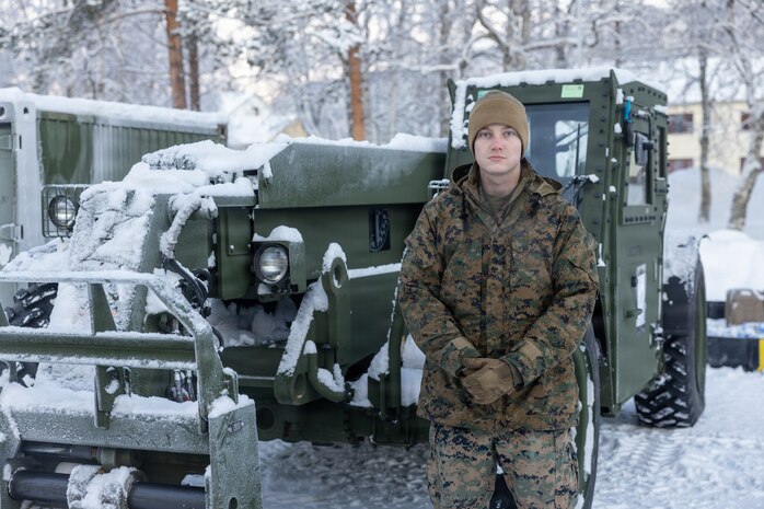 U.S. Marine Corps Cpl. Zachary Posey, an engineer equipment mechanic with Combat Logistics Battalion 6, Combat Logistics Regiment 2, 2nd Marine Logistics Group, poses for a photo in Setermoen, Norway, Jan. 29, 2026. Posey’s command selected him as warrior of the week for his performance, dedication to duty, and leadership while motivating his peers and junior Marines. Each week, 2nd MLG recognizes one outstanding Marine or Sailor that goes above and beyond in their duties and embodies the qualities of an outstanding service member. Posey is a native of Alabama. (U.S. Marine Corps photo by Cpl. Apollo Wilson)