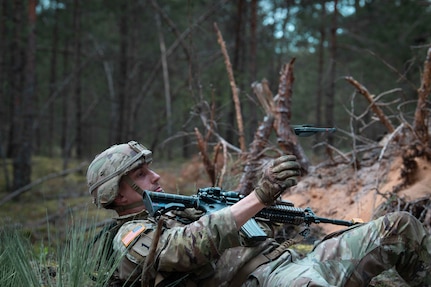 A member of the 1st Battalion, 125th Infantry Regiment, Michigan National Guard, trains with a drone.
