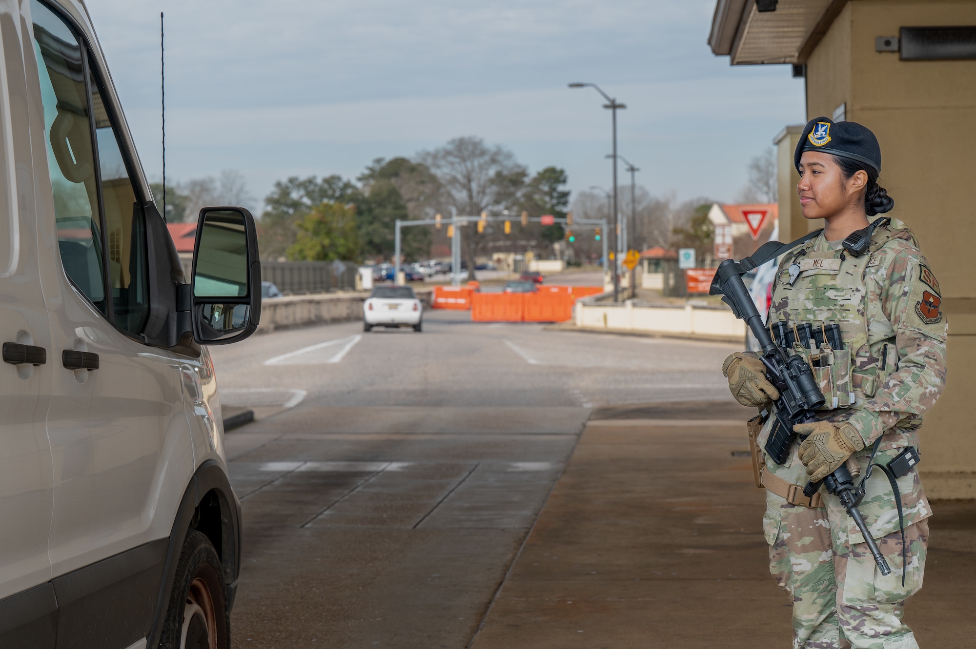 U.S. Air Force Airman Destiny Mel, 42d Security Forces Squadron entry controller, carries her M4 carbine at the main gate on Maxwell Air Force Base, Alabama, Feb. 3, 2026.