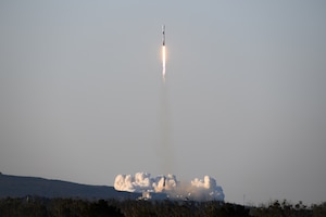 A Falcon 9 rocket carrying the Starlink 17-32 mission flies through the air after launching from Space Launch Complex 4 East (SLC-4E) at Vandenberg Space Force Base, Calif., Feb. 2, 2026.