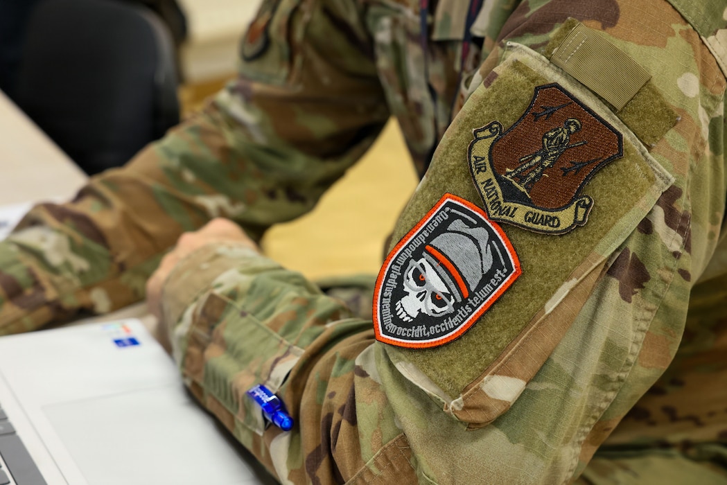 A Maryland Air National Guardsman wears a morale patch while participating in Crossed Swords 25 in Tallinn, Estonia, November 3, 2025. The exercise hosted 240 participants from about 45 countries and participants shared tactics and procedures to contribute towards a cohesive collective-defense strategy. (Courtesy Photo)