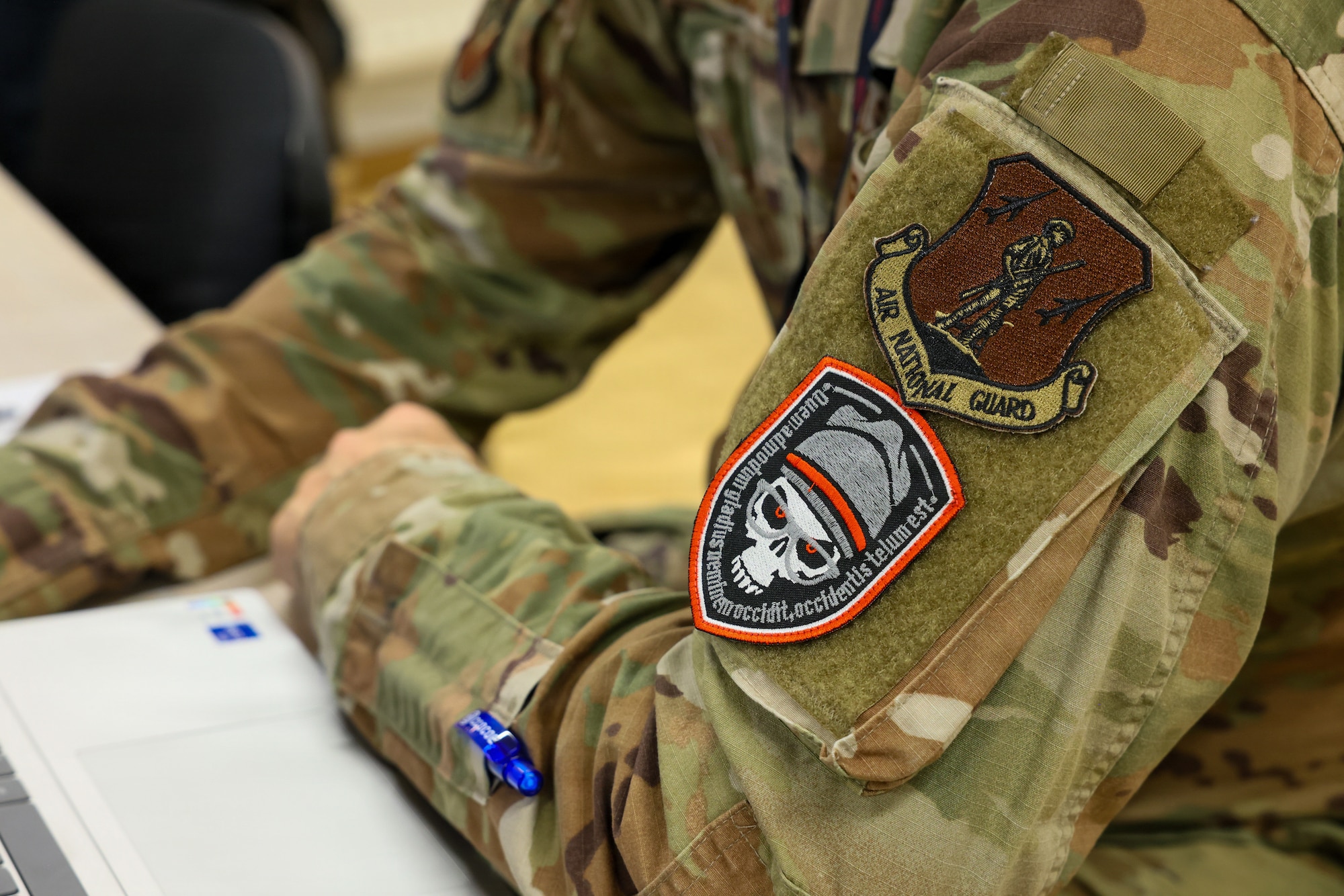 A Maryland Air National Guardsman wears a morale patch while participating in Crossed Swords 25 in Tallinn, Estonia, November 3, 2025. The exercise hosted 240 participants from about 45 countries and participants shared tactics and procedures to contribute towards a cohesive collective-defense strategy. (Courtesy Photo)