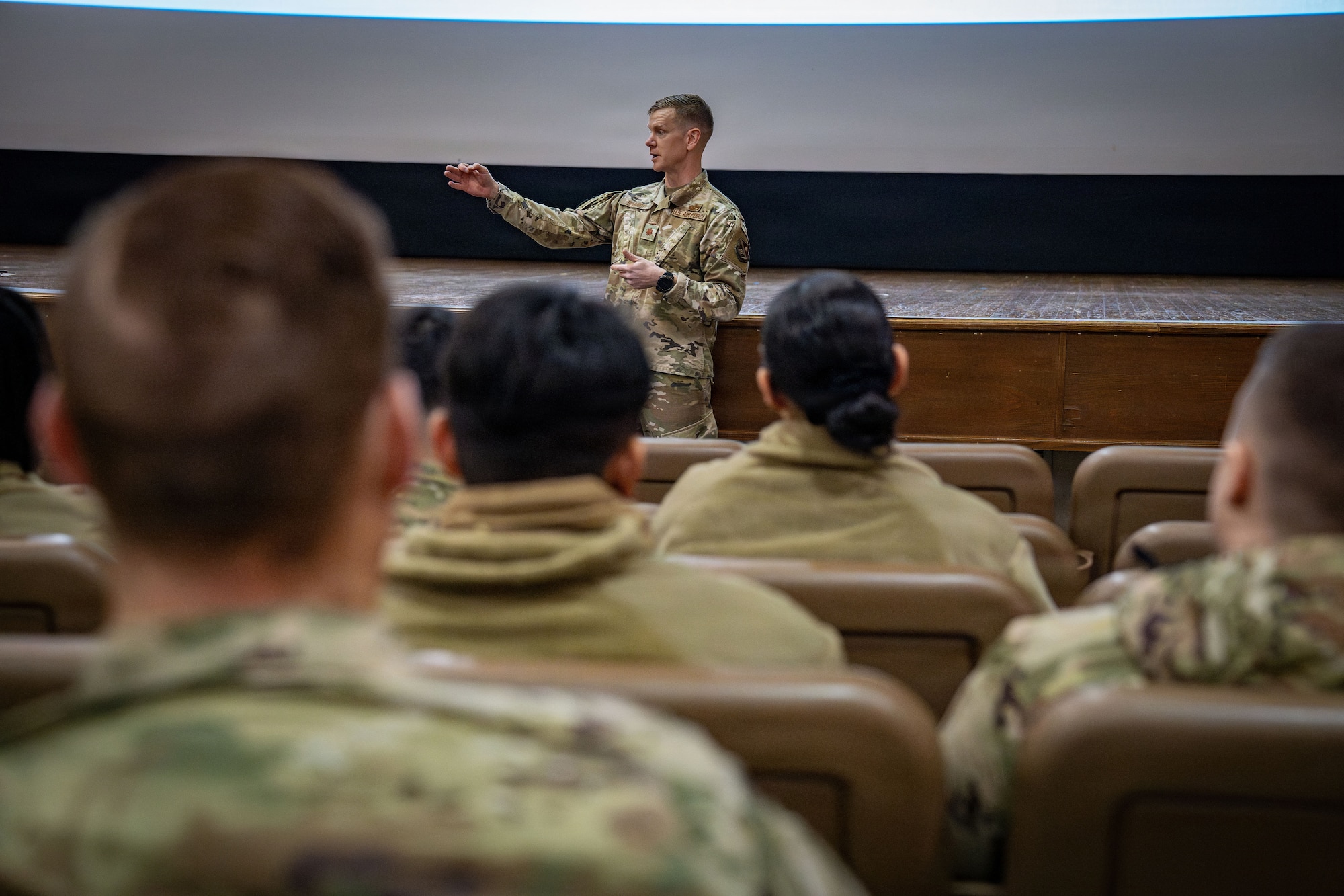 U.S. Air Force Maj. Christopher Schmidt, 316th Civil Engineer Squadron director of operations, briefs upcoming civil engineer snow operations to Air Mobility Command Airmen at Joint Base Andrews, Md., Jan. 24, 2026. Air Mobility Command mobilized mission-ready Airmen and specialized equipment in support of winter weather preparedness efforts to ensure “America’s Airfield” remained operational amid historic severe weather impacts. (U.S. Air Force photo by 1st Lt. Alexis Kula)
