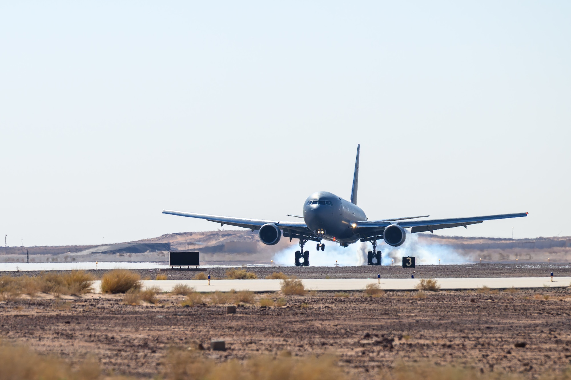 A U.S. Air Force KC-46A Pegasus aircraft lands in the U.S. Central Command area of responsibility.