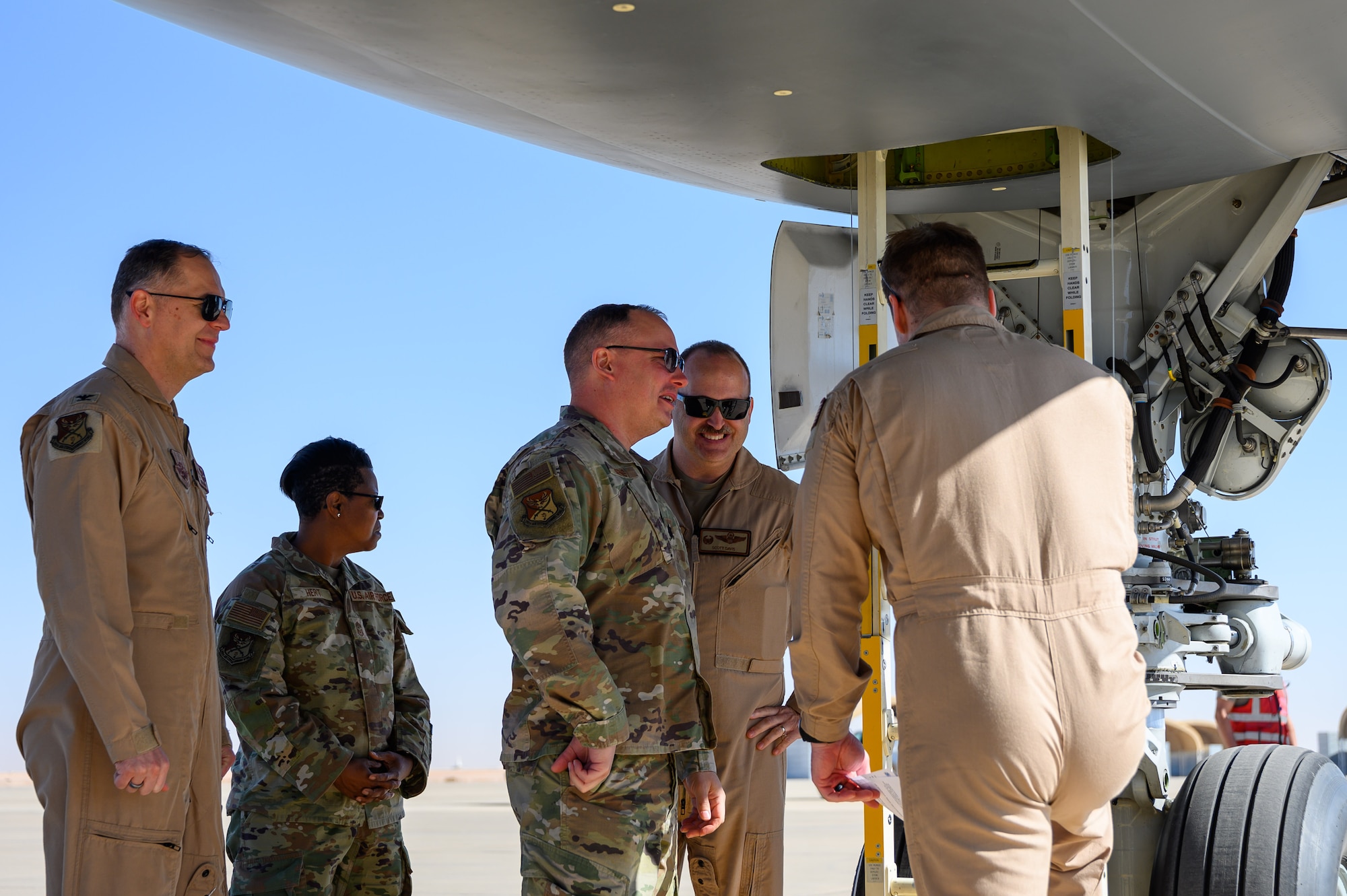 U.S. Air Force 378th Air Expeditionary Wing leadership meets with crew of a 77th Expeditionary Air Refueling Squadron KC-46A Pegasus aircraft after arriving in the U.S. Central Command area of responsibility.