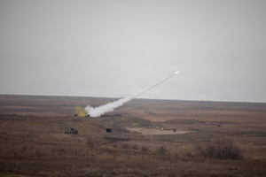 A Multiple Launch Rocket System (MLRS) from the French Army fires during Dynamic Front 26, Feb. 08, 2026, in Capu Midia, Romania.