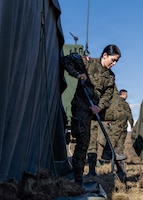 Polish Armed Forces Soldier, assigned to 1st Missile Brigade, digs a small trench while establishing a command post in preparation for execution of a live-fire exercise during Dynamic Front 26, Feb. 06, 2026, in Cincu, Romania.