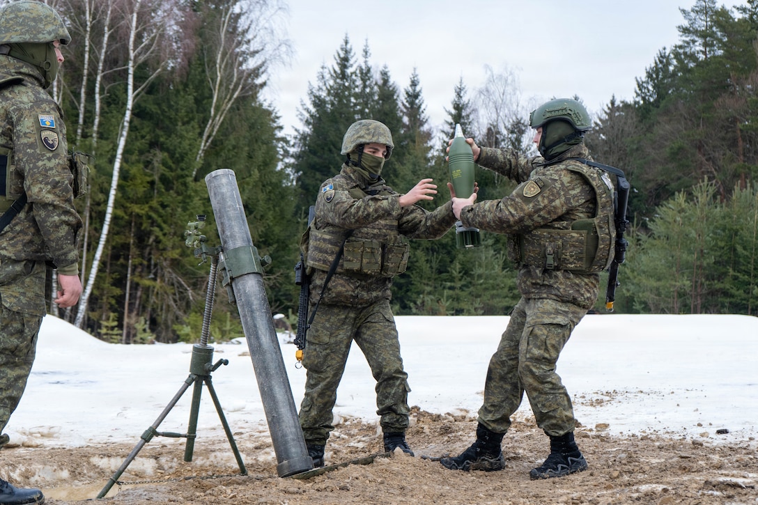 Members of the Kosovo Security Force load a mortar round during live fire training as part of command post exercise Dynamic Front at Grafenwoehr Training Area, Germany, Feb. 7, 2026.