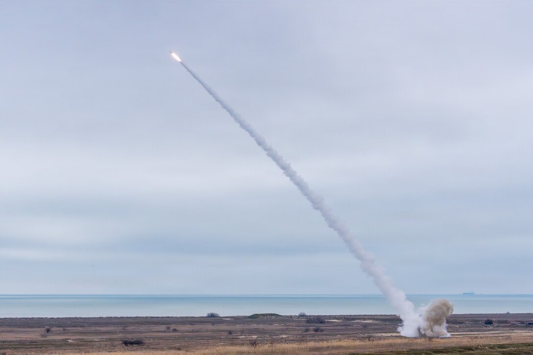 A Multiple Launch Rocket System (MLRS) from the Italian Army fires during Dynamic Front 26.