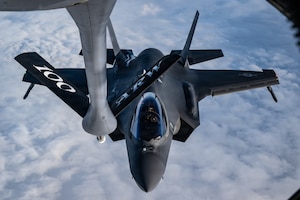 A U.S. Air Force F-35 Lightning II assigned to the 48th Fighter Wing approaches a KC-135 Stratotanker assigned to the 100th Air Refueling Wing during an aerial refueling mission over the North Sea during Exercise Point Blank, Feb. 2, 2026.