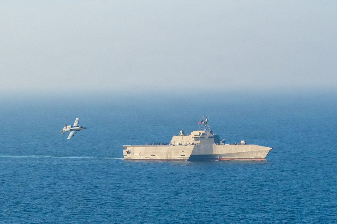 A U.S. Air Force A-10 Thunderbolt II aircraft provides close air support to Independence-variant littoral combat ship USS Santa Barbara (LCS 32) during a training exercise in the Arabian Gulf, Feb. 2, 2026. Santa Barbara is deployed to the U.S. 5th Fleet area of operations to support maritime security and stability in the Middle East. (U.S. Navy photo by Mass Communication Specialist 2nd Class Iain Page)