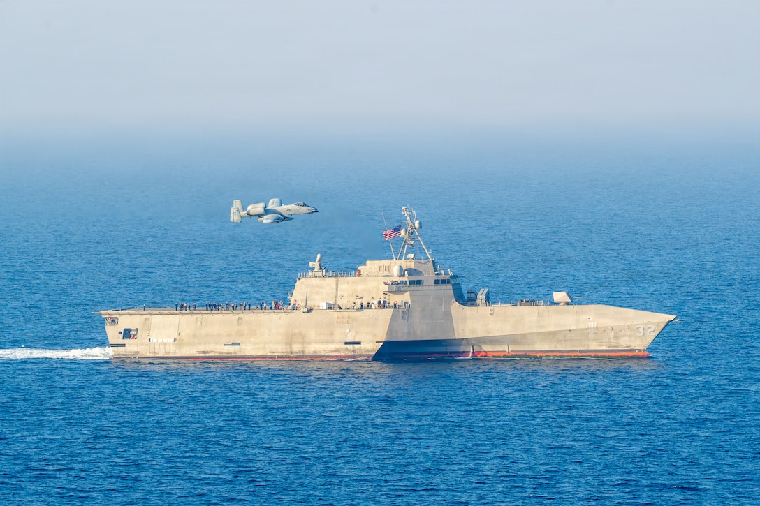 A U.S. Air Force A-10 Thunderbolt II aircraft provides close air support to Independence-variant littoral combat ship USS Santa Barbara (LCS 32) during a training exercise in the Arabian Gulf, Feb. 2, 2026. Santa Barbara is deployed to the U.S. 5th Fleet area of operations to support maritime security and stability in the Middle East. (U.S. Navy photo by Mass Communication Specialist 2nd Class Iain Page)