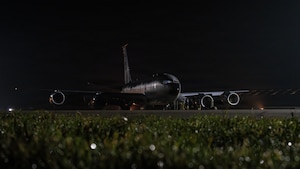 A U.S. Air Force KC-135 Stratotanker from the 100th Air Refueling Wing sits on the flightline before an aerial refueling mission as part of Exercise Point Blank at RAF Mildenhall, England, Jan. 29, 2026.