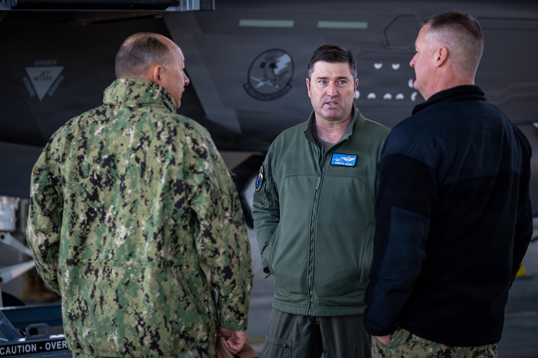 U.S. Air Force Lt. Col. Timm Ross, center, director of operations for the Florida Air National Guard’s 125th Operations Support Squadron, briefs local U.S. Navy leadership during a tour at Jacksonville Air National Guard Base, Florida, Feb. 6, 2026. Inviting Jacksonville’s military leaders from Blount Island Command, Naval Air Station Jacksonville, Naval Submarine Base Kings Bay, Naval Station Mayport, and Navy Medical Readiness and Training Command to the Florida Air National Guard’s 125th Fighter Wing for a briefing on its missions and F-35A Lightning II aircraft fosters inter-service partnerships and strengthens relationships with the local military community. (U.S. Air National Guard photo by Tech. Sgt. Marissa Welker)
