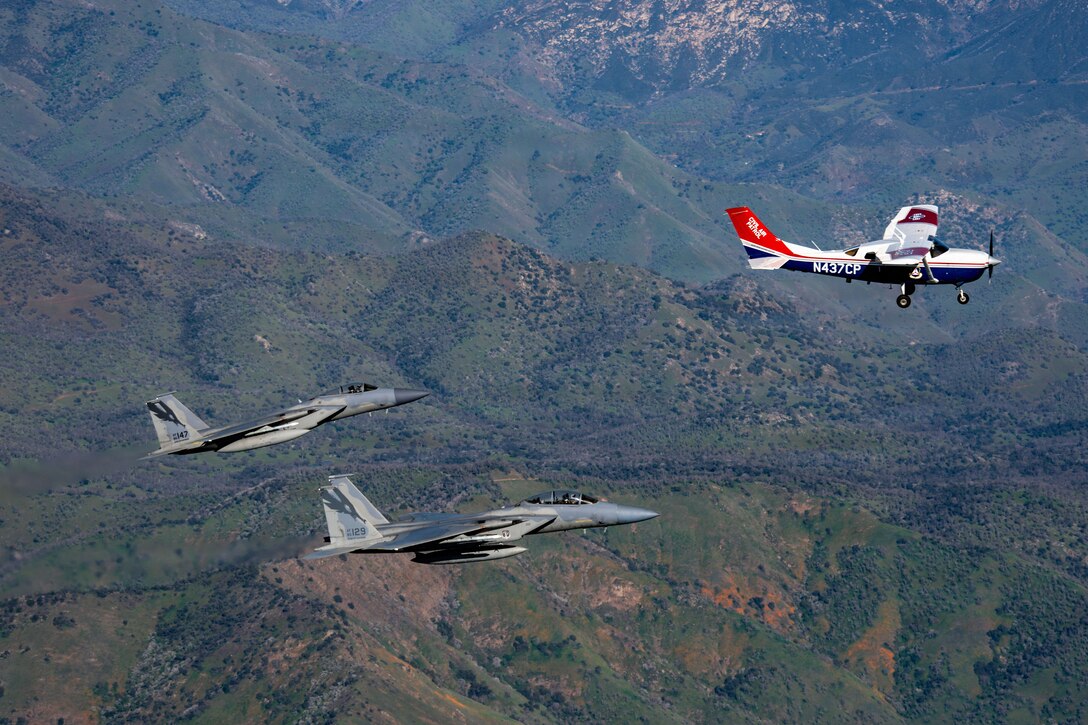 Ahead of Super Bowl LX, NORAD F-15s from the California Air National Guard’s 144th Fighter Wing, in coordination with the Civil Air Patrol, conduct a live‑fly exercise simulating a Temporary Flight Restriction violation intercept near Fresno Air National Guard Base.