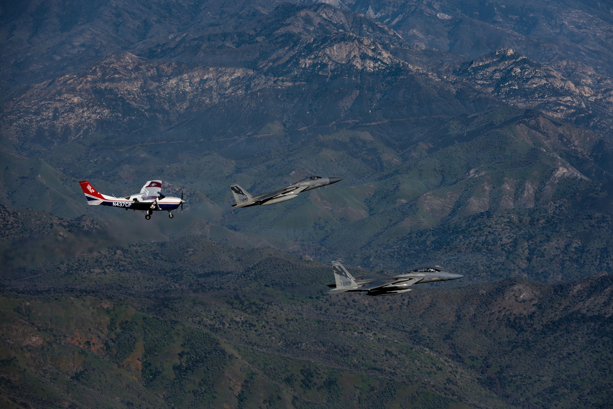 Ahead of Super Bowl LX, NORAD F-15s from the California Air National Guard’s 144th Fighter Wing, in coordination with the Civil Air Patrol, conduct a live‑fly exercise simulating a Temporary Flight Restriction violation intercept near Fresno Air National Guard Base.