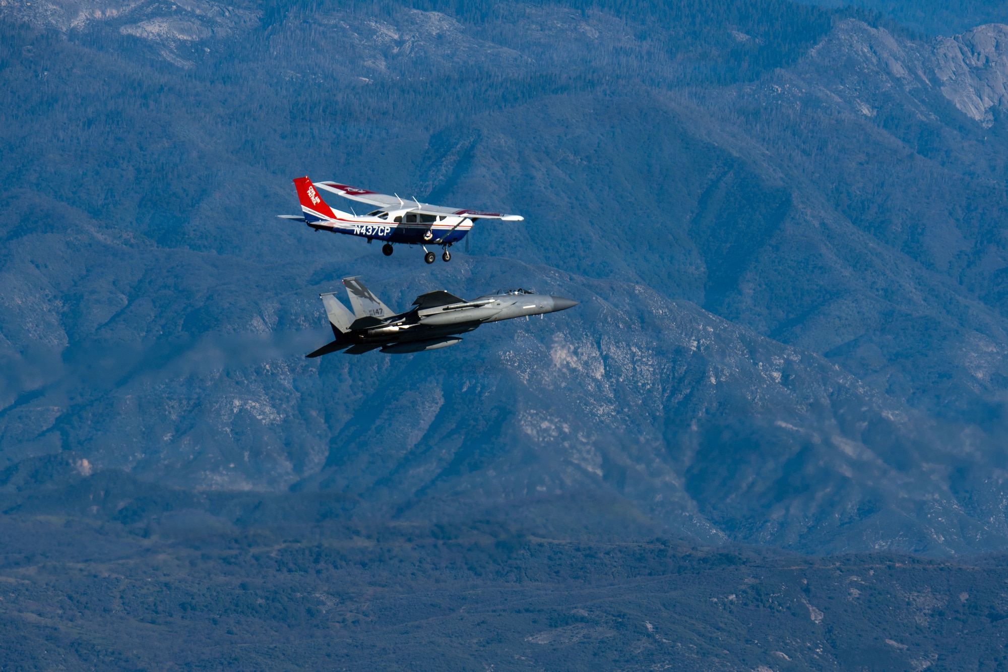 Ahead of Super Bowl LX, NORAD F-15s from the California Air National Guard’s 144th Fighter Wing, in coordination with the Civil Air Patrol, conduct a live‑fly exercise simulating a Temporary Flight Restriction violation intercept near Fresno Air National Guard Base.