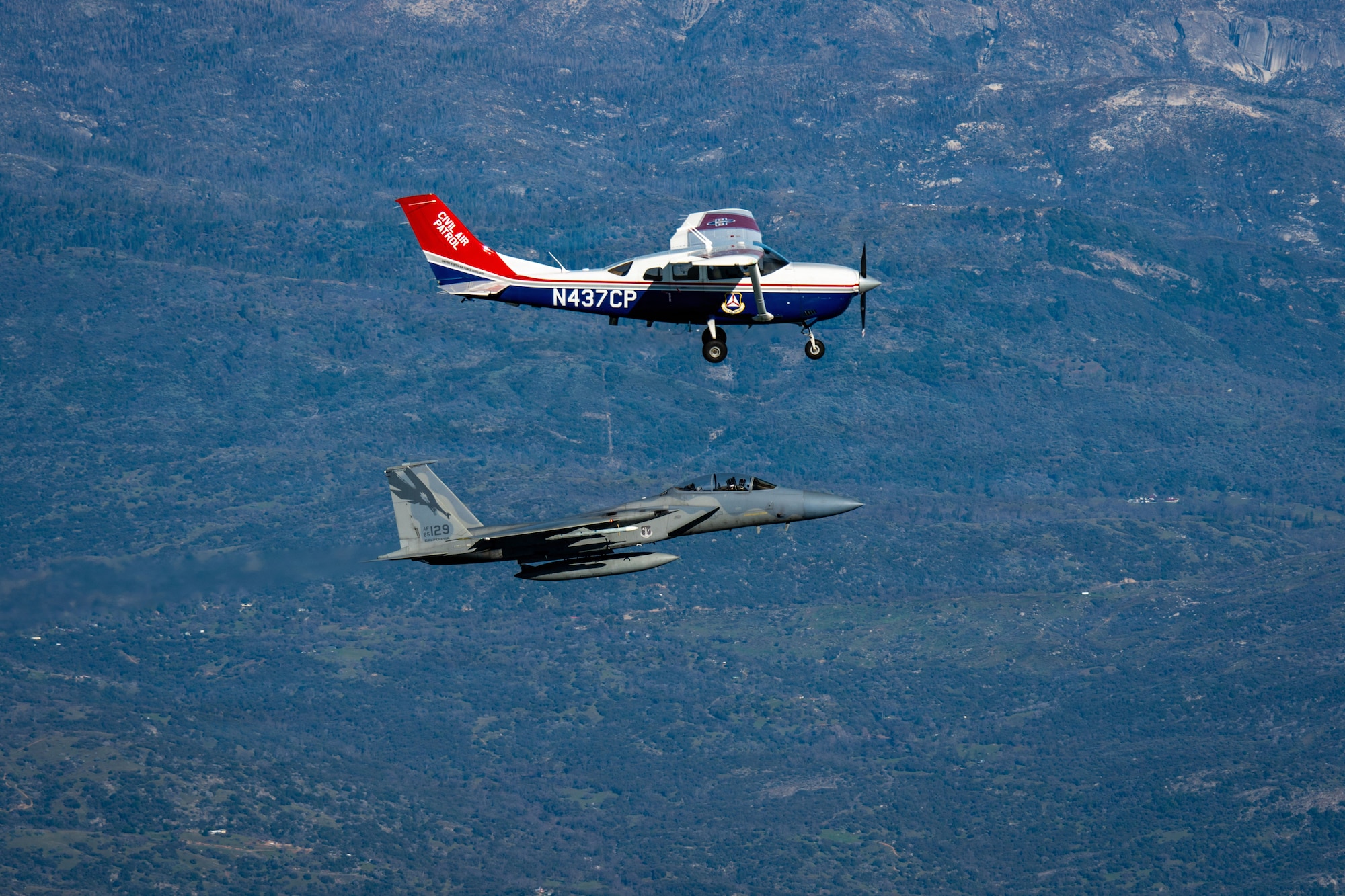 Ahead of Super Bowl LX, NORAD F-15s from the California Air National Guard’s 144th Fighter Wing, in coordination with the Civil Air Patrol, conduct a live‑fly exercise simulating a Temporary Flight Restriction violation intercept near Fresno Air National Guard Base.