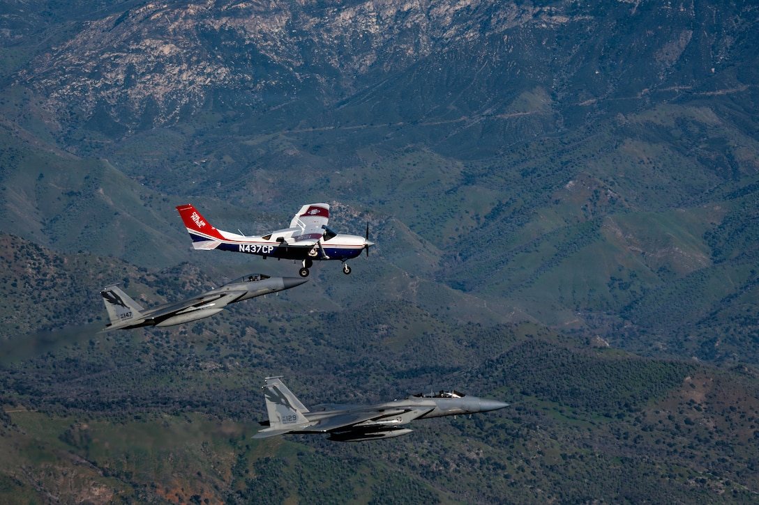 Ahead of Super Bowl LX, NORAD F-15s from the California Air National Guard’s 144th Fighter Wing, in coordination with the Civil Air Patrol, conduct a live‑fly exercise simulating a Temporary Flight Restriction violation intercept near Fresno Air National Guard Base.