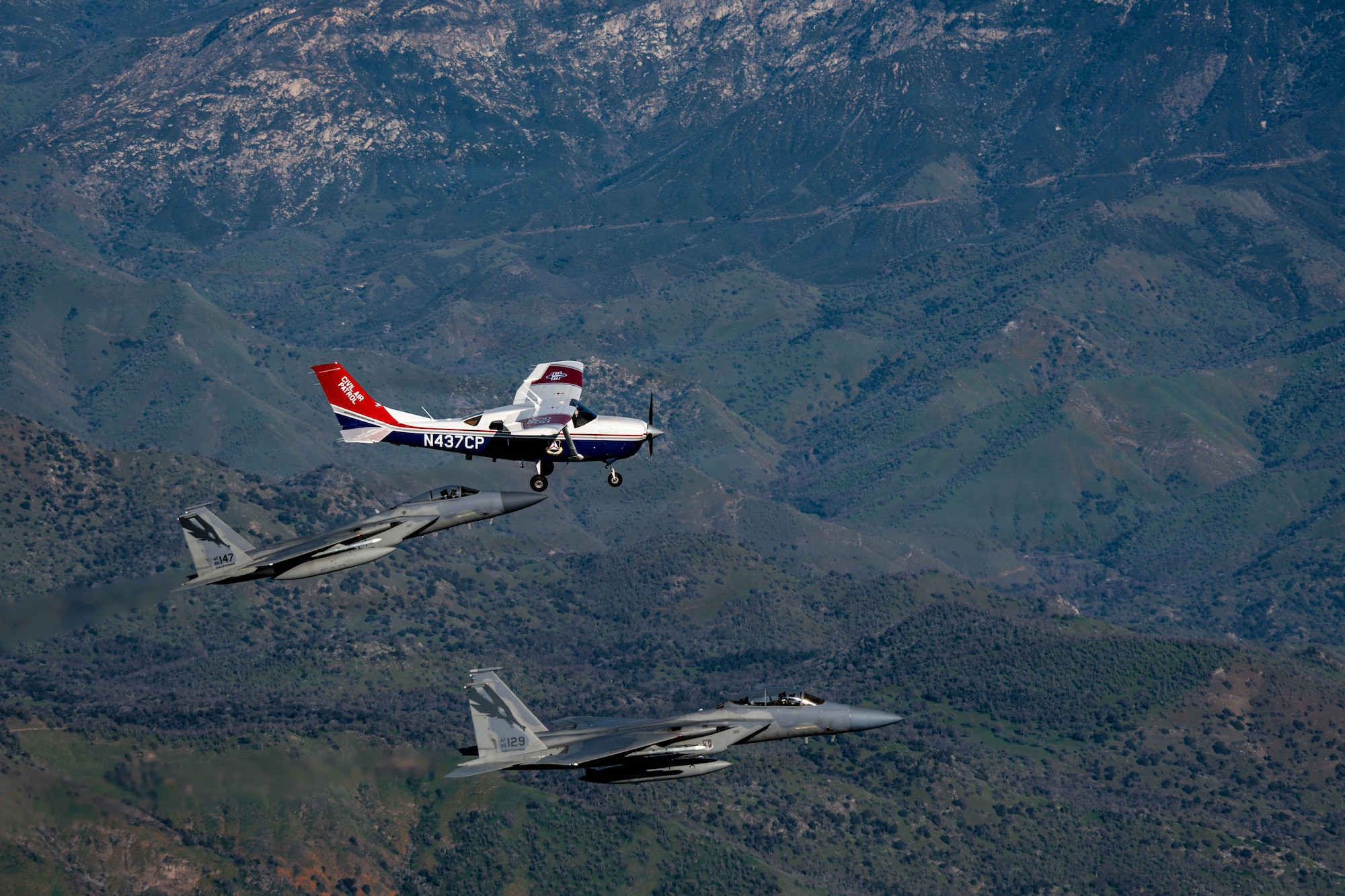 Ahead of Super Bowl LX, NORAD F-15s from the California Air National Guard’s 144th Fighter Wing, in coordination with the Civil Air Patrol, conduct a live‑fly exercise simulating a Temporary Flight Restriction violation intercept near Fresno Air National Guard Base.