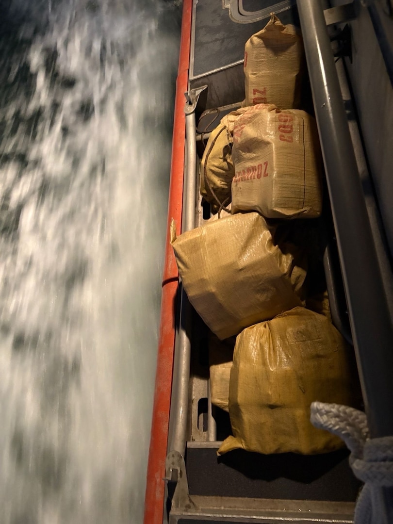 A Coast Guard Station San Juan crew working with Homeland Security Task Force - San Juan Region partner agencies apprehended a stowaway smuggler and seized 10 bales of cocaine in San Juan Harbor, Puerto Rico, Jan. 28, 2026. The seized contraband weighed a combined total of 358kgs/789.25 pounds and is estimated to have a wholesale value of more than $5 million. The apprehended smuggler is facing federal prosecution by the U.S. Attorney’s Office for the District of Puerto Rico. (U.S. Coast Guard photo)