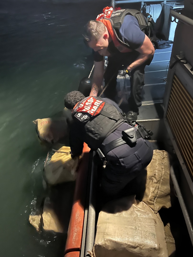 A Coast Guard Station San Juan crew working with Homeland Security Task Force - San Juan Region partner agencies apprehended a stowaway smuggler and seized 10 bales of cocaine in San Juan Harbor, Puerto Rico, Jan. 28, 2026. The seized contraband weighed a combined total of 358kgs/789.25 pounds and is estimated to have a wholesale value of more than $5 million. The apprehended smuggler is facing federal prosecution by the U.S. Attorney’s Office for the District of Puerto Rico. (U.S. Coast Guard photo)