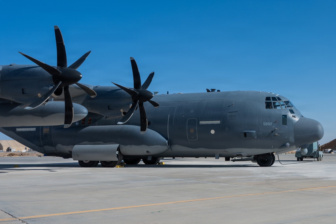 U.S. Air Force HC-130J Combat King II aircraft assigned to the 26th Expeditionary Rescue Squadron waits for takeoff in the U.S. Central Command area of responsibility, Feb. 04, 2026. The 26th ERQS provided personnel recovery, aerial refueling, and forward arming and refueling points within the CENTCOM AOR. (U.S. Air Force photo by Senior Airman Travis Knauss)