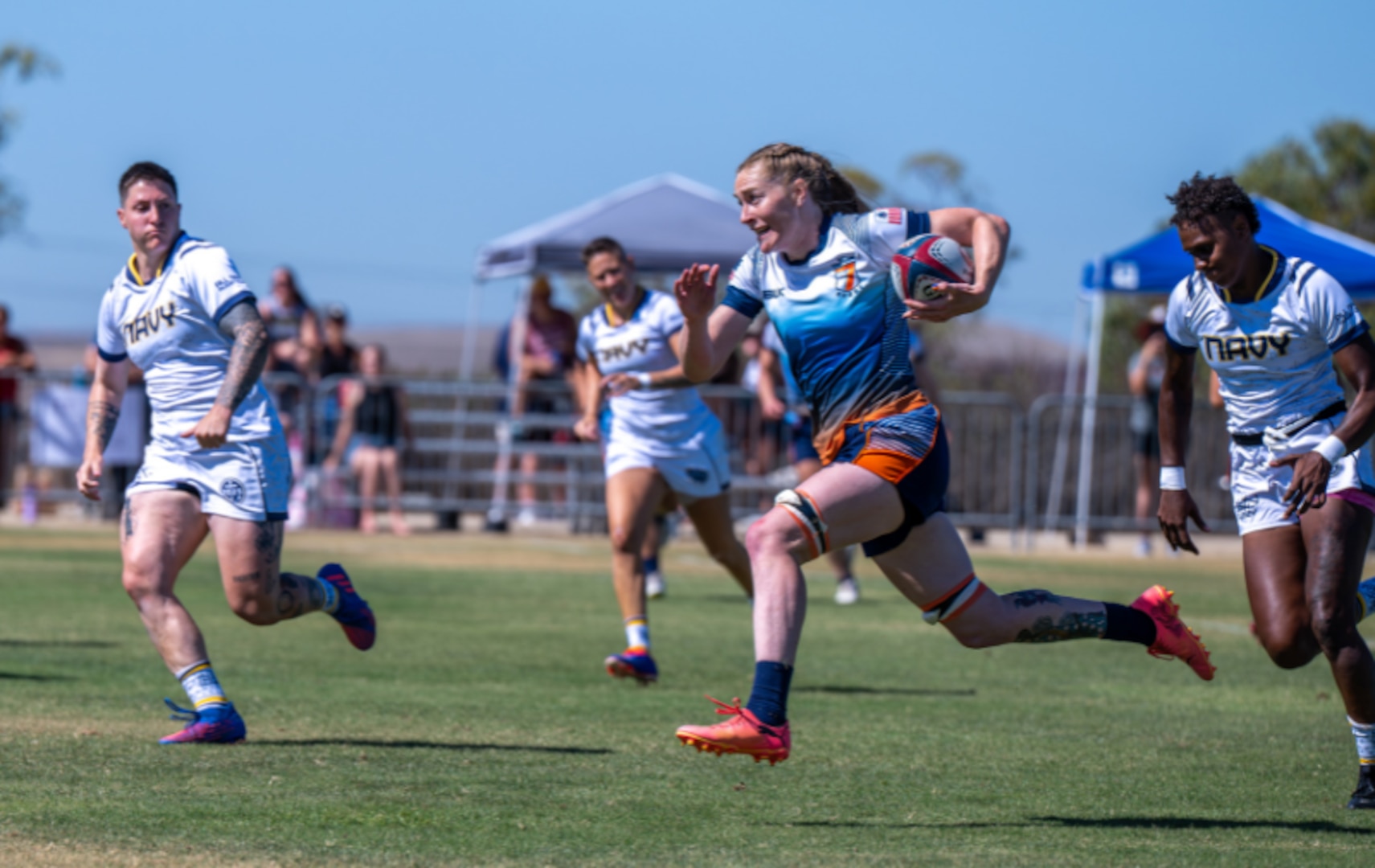 U.S. Coast Guard Women’s Rugby 7s players gain possession during the 6th annual Armed Forces Women’s Rugby Championship in Chula Vista, California, Sept., 2025. The tournament brings together athletes from the Army, Navy, Air Force, Marine Corps, and Coast Guard for elite-level competition. (U.S. Coast Guard photo by Petty Officer 3rd Class Annika Hirschler)