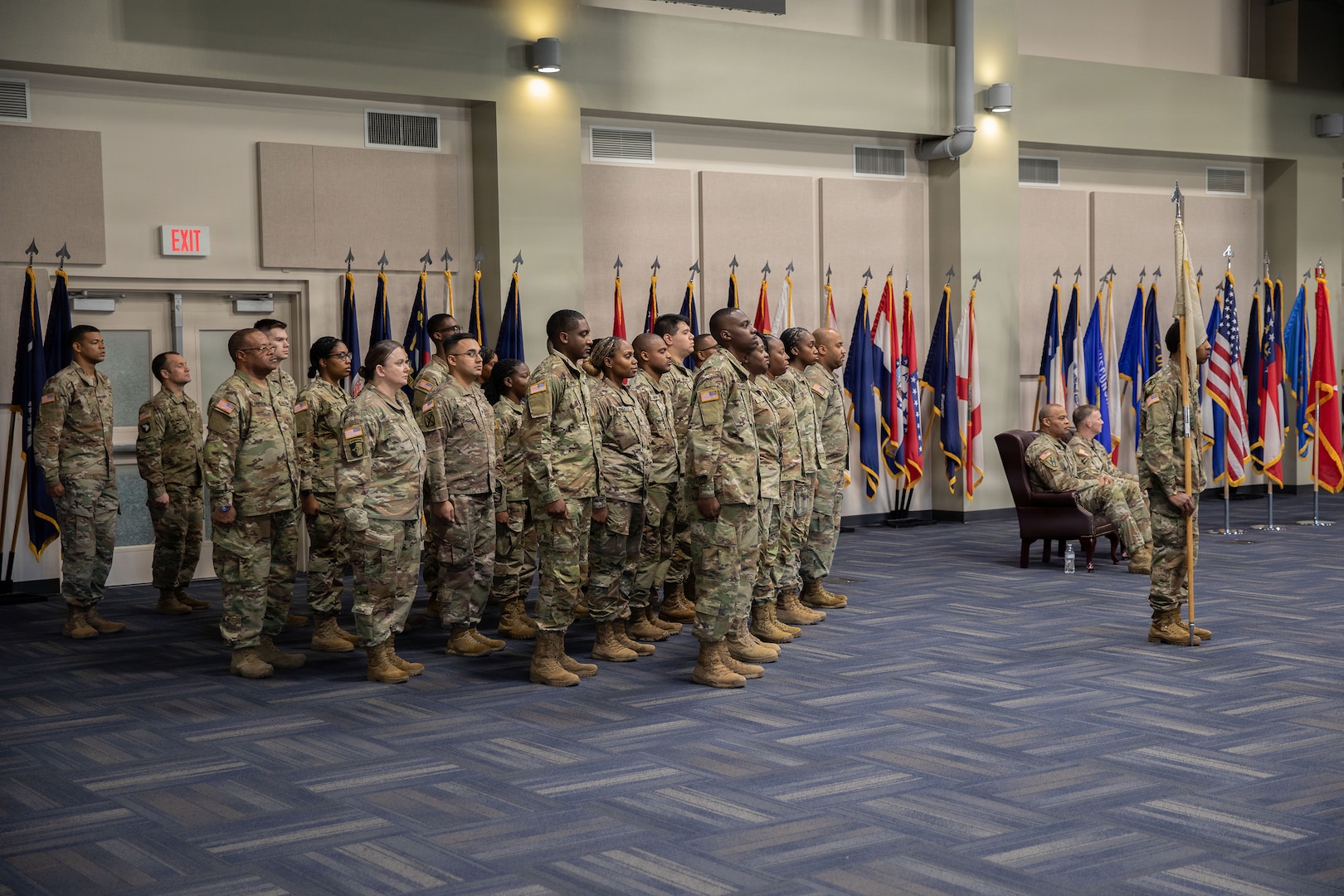 U.S. Army Soldiers of the Marietta-based 93rd Financial Management Support Detachment, 781st Troop Command Detachment, 78th Troop Command, Georgia Army National Guard, stand in formation during the opening remarks of the unit's departure ceremony at Clay National Guard Center, Marietta, Georgia, Feb. 7, 2026.