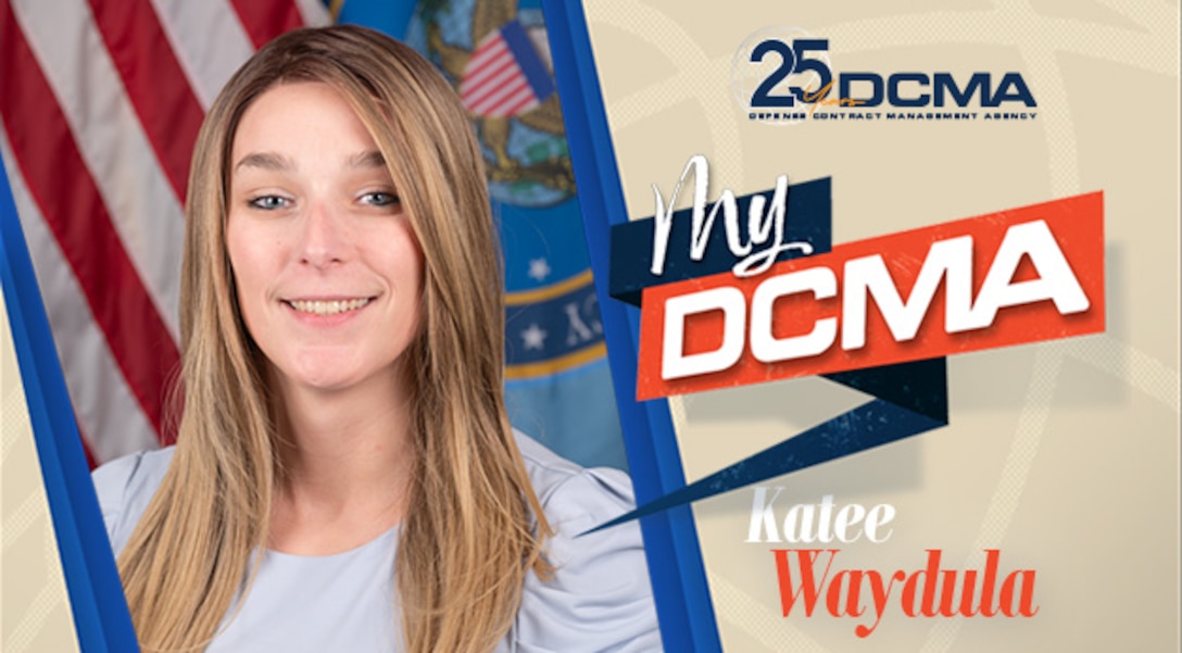 Graphic with a picture of woman and text says My DCMA Katee Waydula and has DCMA logo.