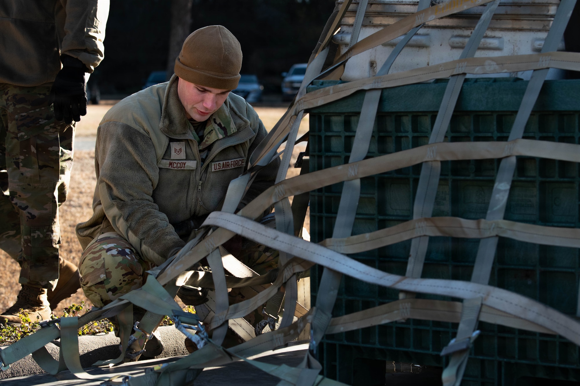 Airman secures pallet