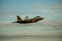 A U.S. Air Force F-22 Raptor aircraft assigned to the 1st Fighter Wing, Joint Base Langley-Eustis, Virginia, takes off from the Savannah Combat Readiness Training Center, or CRTC, during exercise Sentry South 26.1 at the Savannah Air National Guard Base, Georgia, Jan. 23, 2026.