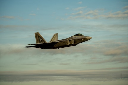 A U.S. Air Force F-22 Raptor aircraft assigned to the 1st Fighter Wing, Joint Base Langley-Eustis, Virginia, takes off from the Savannah Combat Readiness Training Center, or CRTC, during exercise Sentry South 26.1 at the Savannah Air National Guard Base, Georgia, Jan. 23, 2026.
