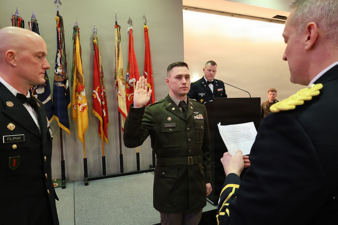 2nd Lt. Nathaniel C. Dowell is recognized following his promotion during the 33rd Infantry Brigade Combat Team military ball Feb. 7, 2026.