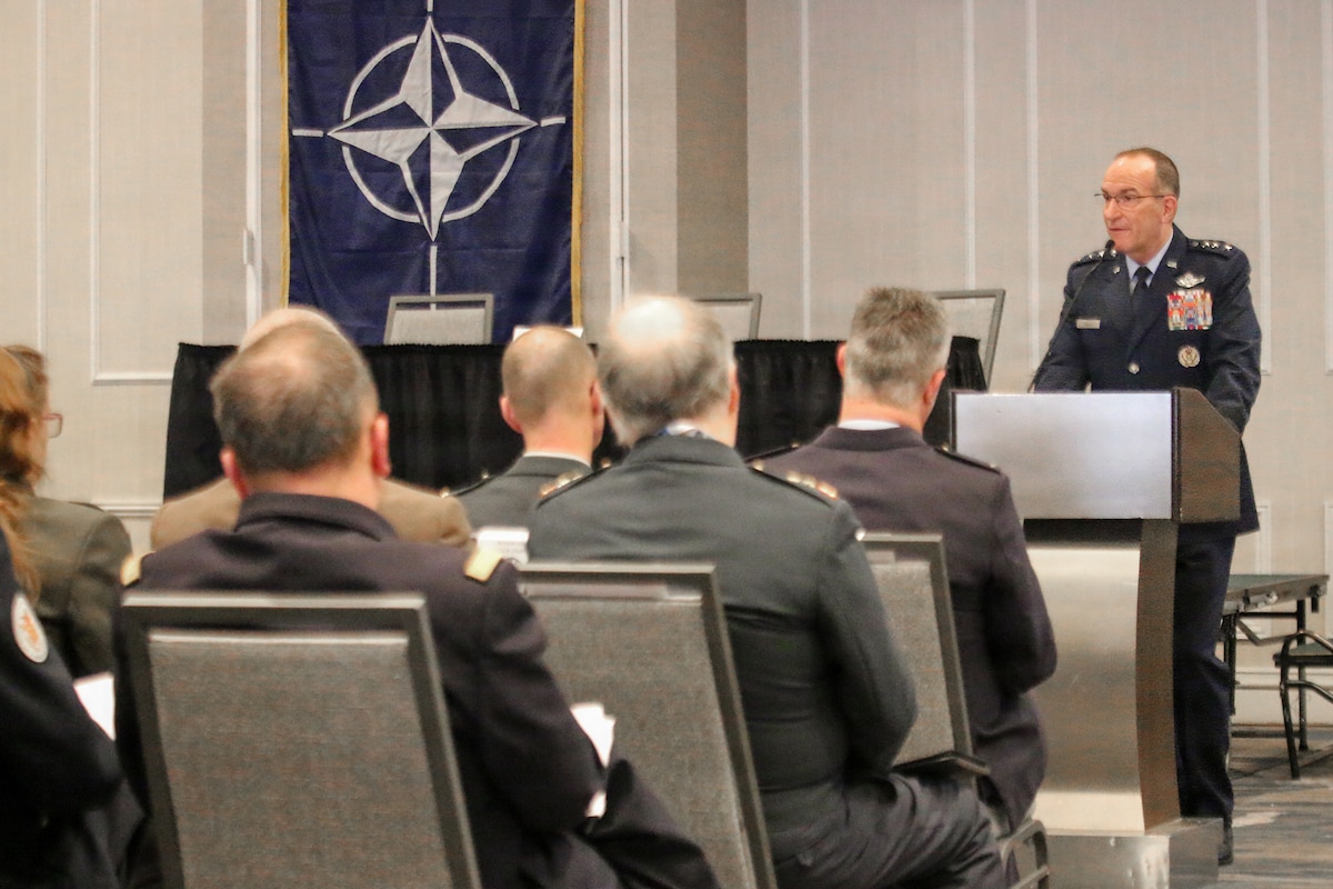 Lt. Gen. John P. Healy, chief of the Air Force Reserve and commander of Air Force Reserve Command, speaks with European military leaders