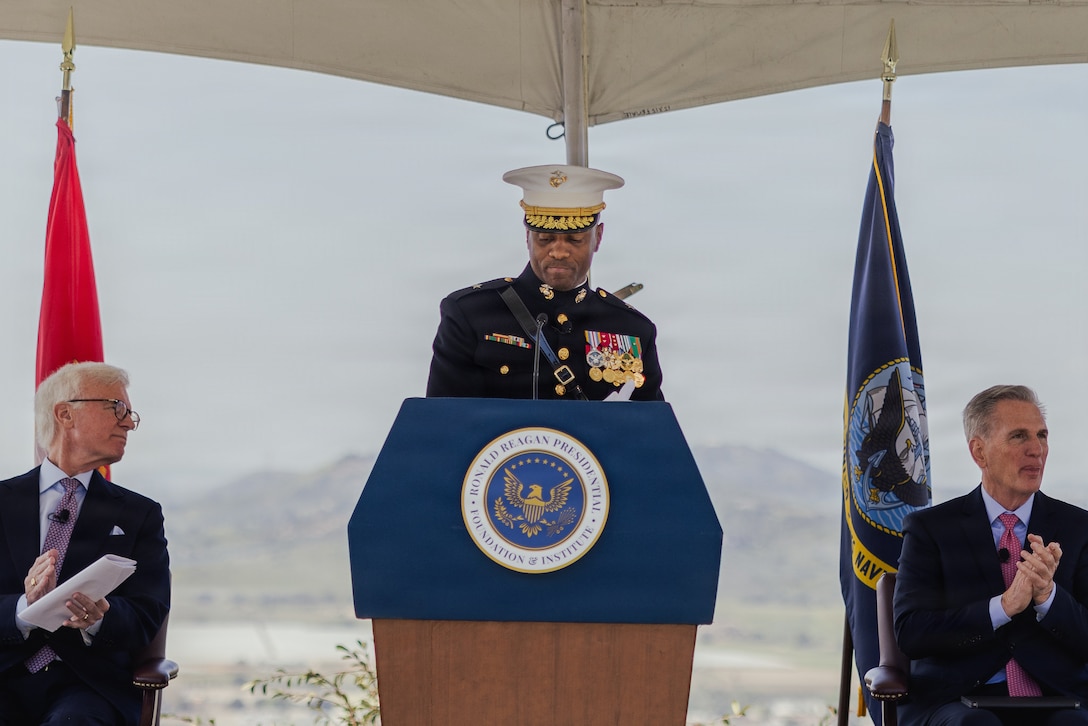 U.S. Marine Corps Brig. Gen. Brown, commanding general of Marine Corps Installations West, Marine Corps Base Camp Pendleton, delivers remarks during a wreath-laying ceremony honoring former U.S. President Ronald Reagan at the Ronald Reagan Presidential Library and Museum in Simi Valley, Calif., Feb. 6, 2026. The ceremony is an annual event to commemorate the life and legacy of President Reagan and is held on his birthday, by presidential declaration, since his death in 2004. (U.S. Marine Corps photo by Sgt. Edgar Rafael)