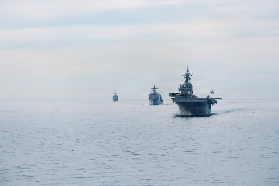 The Boxer Amphibious Ready Group and Ticonderoga-Class Guided-Missile Cruiser USS Princeton (CG-59), conduct a simulated strait transit in the Pacific Ocean, Jan. 27, 2026. The simulated strait transit was conducted to refine the 11th Marine Expeditionary Unit's ability to integrate with the Navy for enhanced force protection.  The 11th MEU is currently underway aboard the Boxer Amphibious Ready Group in the U.S. 3rd Fleet area of operations conducting integrated training that enhances lethality and warfighting readiness. (U.S. Marine Corps photo by Lance Cpl. Luke Rodriguez)