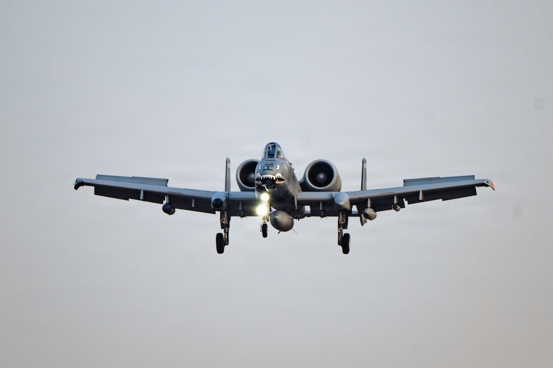 A U.S. Air Force A-10C Thunderbolt II aircraft assigned to the 75th Expeditionary Fighter Squadron prepares to land at a base in the U.S. Central Command area of responsibility, Jan. 29, 2026. (U.S. Air Force photo by Staff Sgt. Tylin Rust)